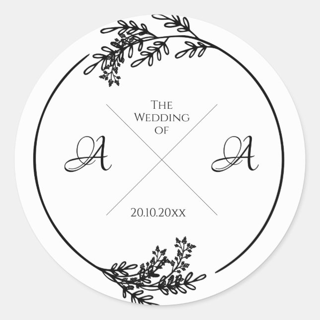 Sticker Rond Monogramme, Feuillage, Mariage, Fiançailles (Devant)