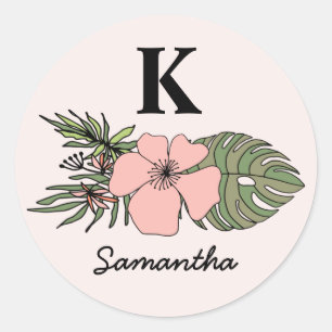 Sticker Rond Monogramme Feuille tendance rose et vert