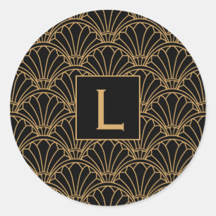 Sticker Rond Monogramme Fleurs de ventilateur Art Déco Noir et