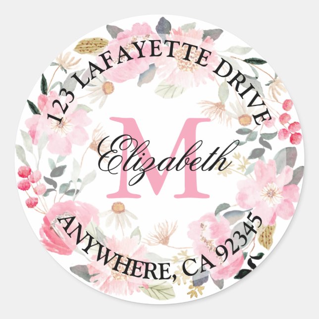 Sticker Rond Monogramme Fleurs roses Adresse de retour (Devant)