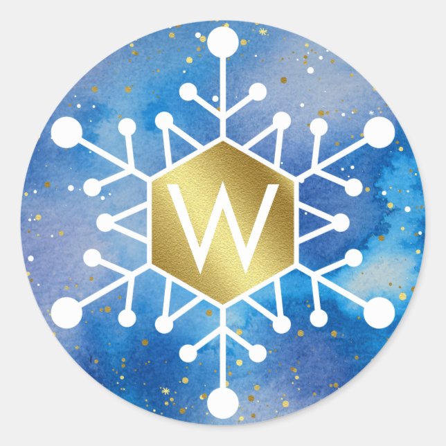 Sticker Rond Monogramme flocon de neige aquarelle bleu or (Devant)