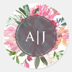 Sticker Rond Monogramme floral botanique de pivoine rose rubis