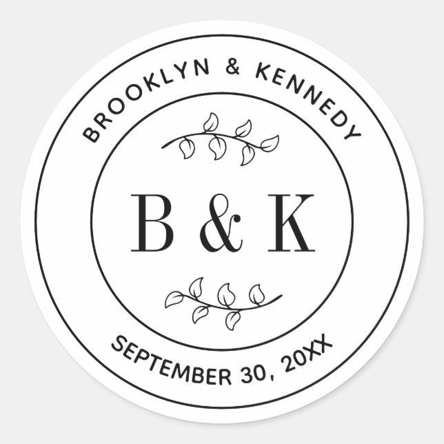 Sticker Rond Monogramme floral botanique Mariage Nom du couple (Devant)