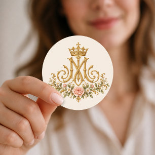 Sticker Rond Monogramme floral doré catholique marial