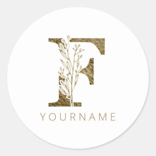 Sticker Rond Monogramme Floral F Élégant Liquide Or