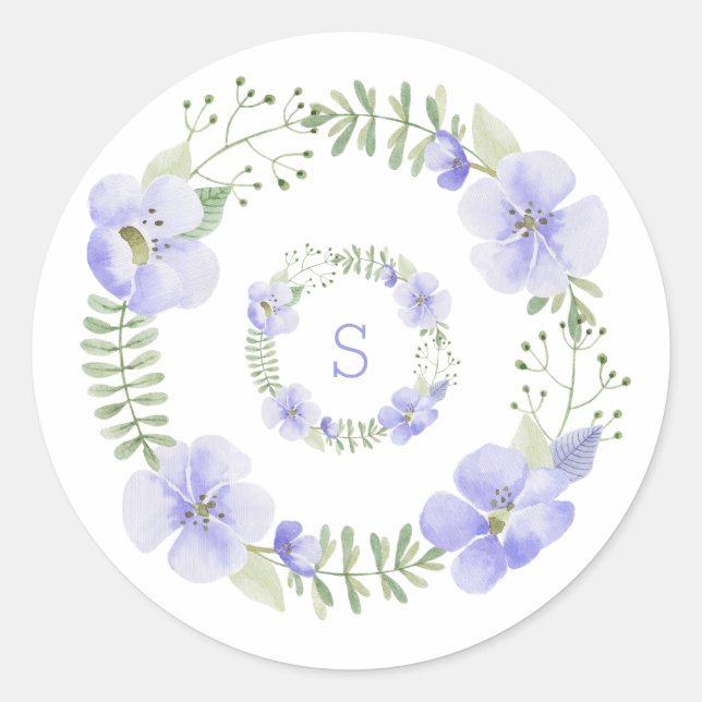 Sticker Rond Monogramme Floral Fleur Aquarelle Élégant Violet (Devant)
