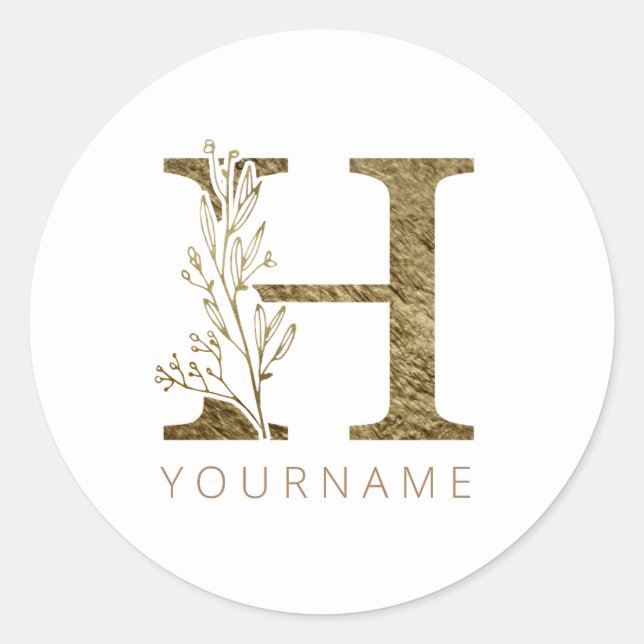 Sticker Rond Monogramme Floral H Élégant Liquide Or (Devant)