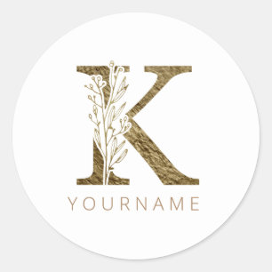 Sticker Rond Monogramme Floral K Élégant Liquide Or