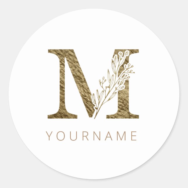 Sticker Rond Monogramme floral M Élégant alliage d'or (Devant)