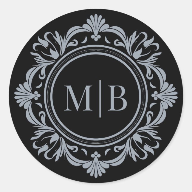 Sticker Rond Monogramme Floral Orné Mariage Argent Noir (Devant)