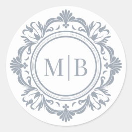 Sticker Rond Monogramme Floral Orné Mariage Élégant Argent