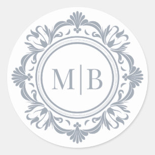 Sticker Rond Monogramme Floral Orné Mariage Élégant Argent