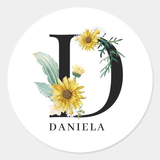 Sticker Rond Monogramme floral personnalisé Alphabet D (Devant)