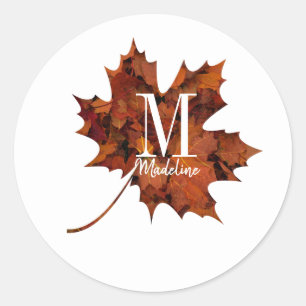 Sticker Rond Monogramme floral personnalisé Feuille d'érable d'