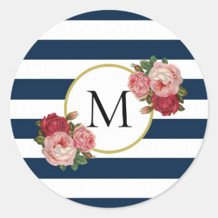Sticker Rond Monogramme floral rétro à rayures bleues de la M