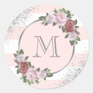 Sticker Rond Monogramme floral rose blush argent