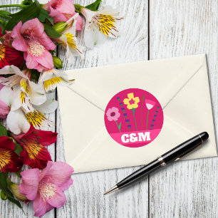Sticker Rond Monogramme floral rose brillant et gras