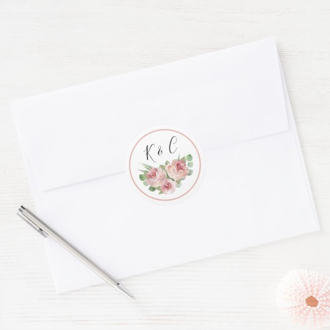 Sticker Rond Monogramme floral rose poussiéreux Initiales Boho  (Enveloppe)