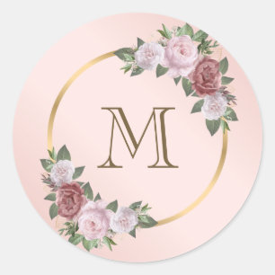 Sticker Rond Monogramme floral rose vierge or initial classique