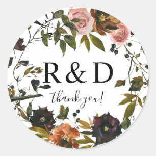 Sticker Rond Monogramme floral rustique or, violet et rose 3-