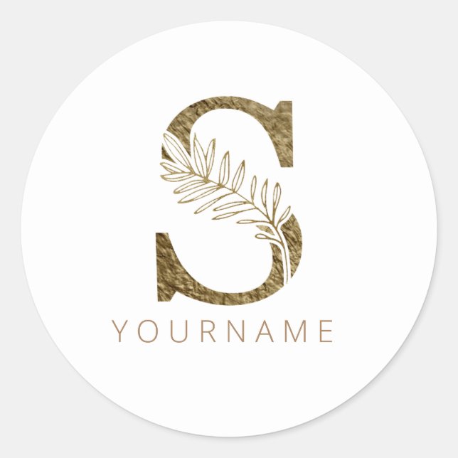 Sticker Rond Monogramme Floral S Élégant Liquide Or (Devant)