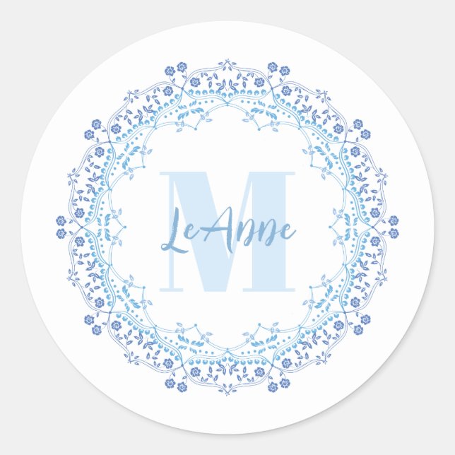 Sticker Rond Monogramme floral simple Élégant Nom initial (Devant)