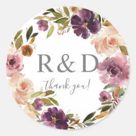 Sticker Rond Monogramme floral violet et rose - Rou classique
