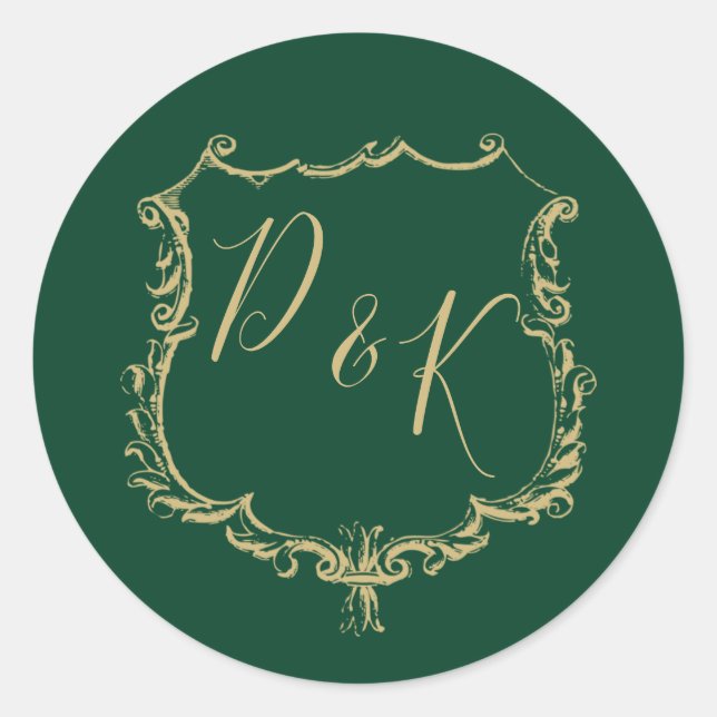 Sticker Rond Monogramme Gold Crest et Mariage vert de forêt (Devant)
