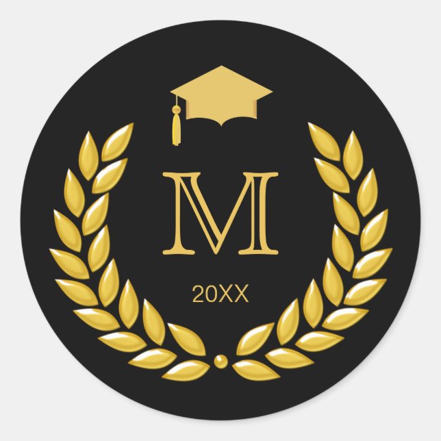 Sticker Rond Monogramme Gold Laurel sur noir (Devant)