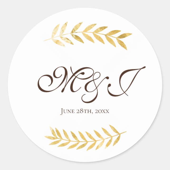 Sticker Rond Monogramme Golden Branches Feuilles et Dark Brown (Devant)
