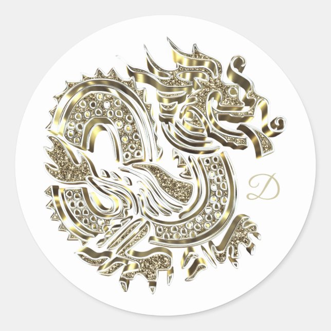Sticker Rond Monogramme Golden Dragon Logo Élégant (Devant)