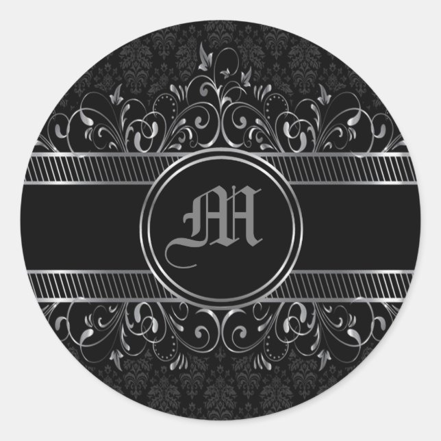 Sticker Rond Monogramme gothique orné noir et argent (Devant)