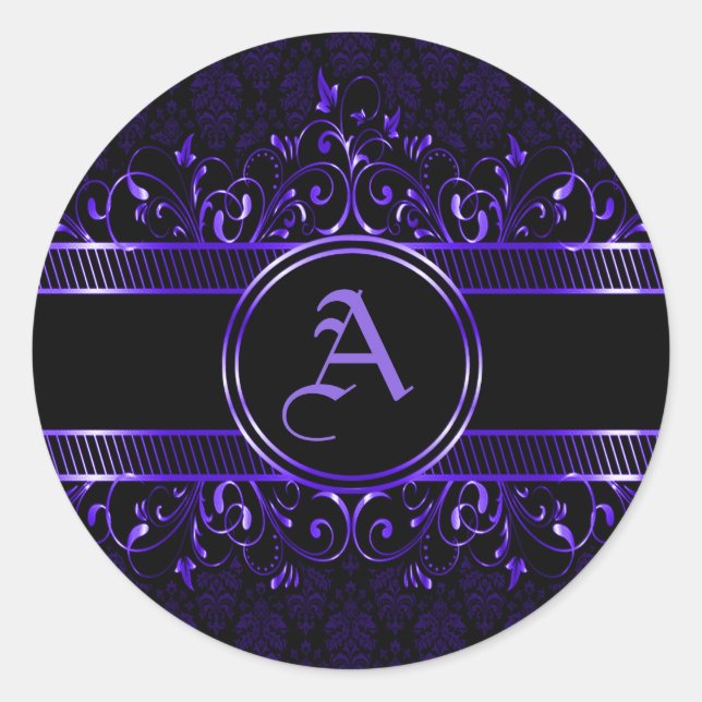 Sticker Rond Monogramme gothique orné noir et pourpre (Devant)