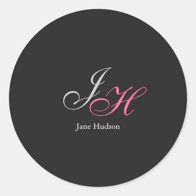 Sticker Rond Monogramme gris noir Nom Lettres initiales Script (Devant)