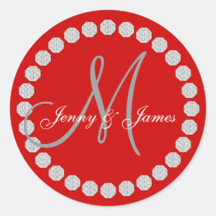 Sticker Rond Monogramme gris rouge Noms Mariage Faveur Étiquett
