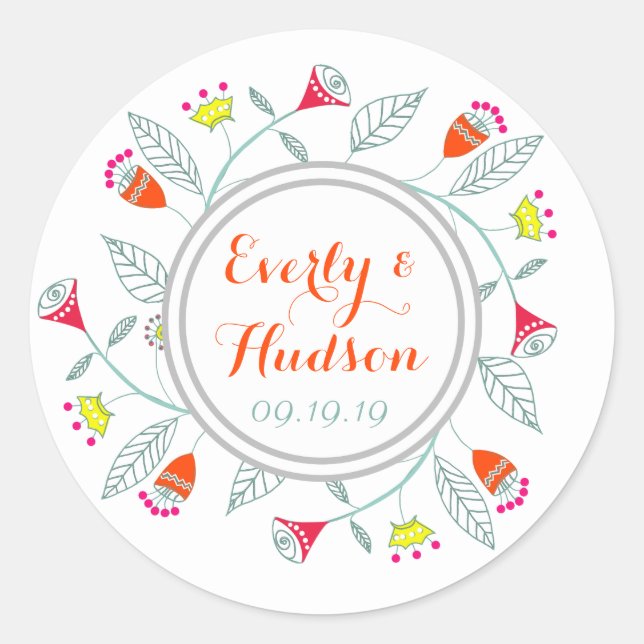 Sticker Rond Monogramme Gris Rouge Turquoise Jaune rose moderne (Devant)