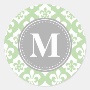 Sticker Rond Monogramme gris vert à la menthe de fleur de lis