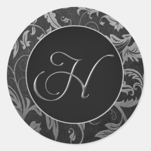 Sticker Rond Monogramme H Silver et phoque Mariage damassé noir