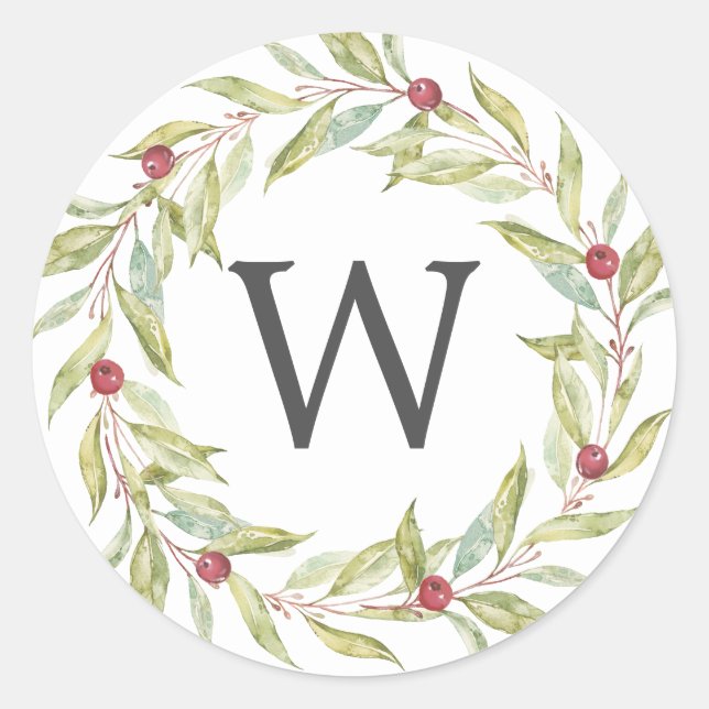 Sticker Rond Monogramme Hiver Verdure Feuilles Berries Noël (Devant)