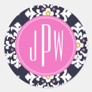 Sticker Rond Monogramme Ikat et rose