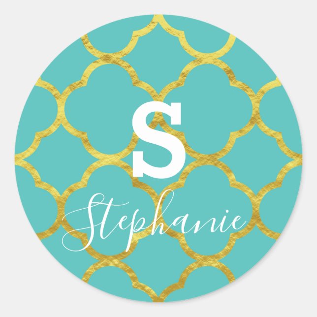 Sticker Rond Monogramme Initial Nom Bleu Sarcelle Or Feuille 20 (Devant)