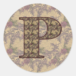 Sticker Rond Monogramme Initiale P Élégant Floral Vintage