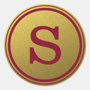 Sticker Rond Monogramme Initiale Pailleté Bourgogne Et Or