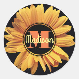 Sticker Rond Monogramme Jaune Daisy Gerbera Aster Elégante Fleu