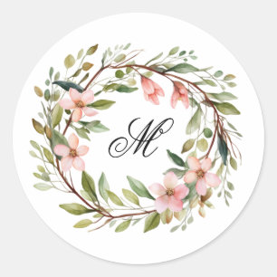 Sticker Rond Monogramme Jolie brindille et couronne Fleur sauva