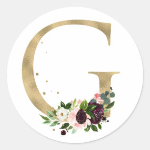 Sticker Rond Monogramme lettre dorée fleurs bohèmes bordeaux  