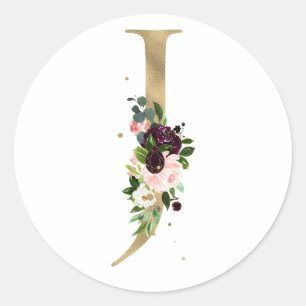 Sticker Rond Monogramme lettre dorée fleurs boho bordeaux 
