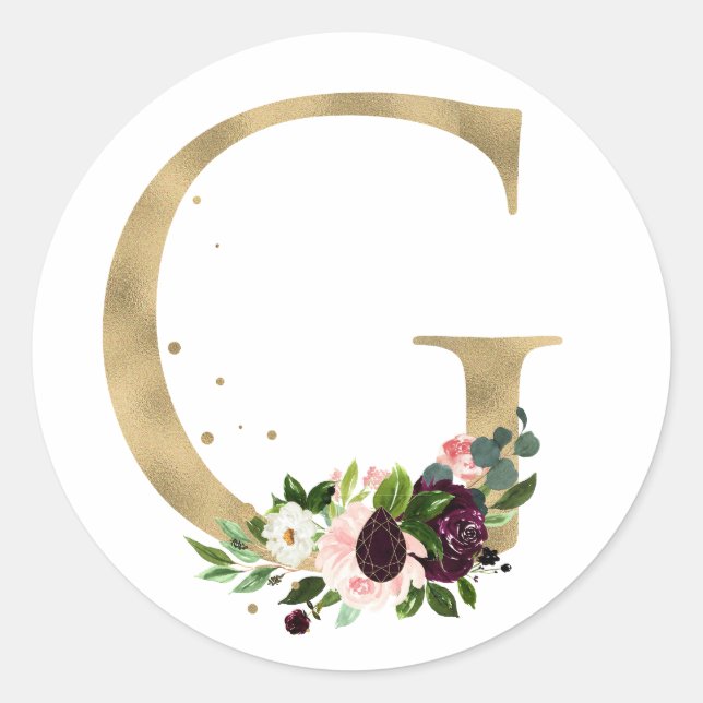 Sticker Rond Monogramme lettre dorée fleurs boho bordeaux  (Devant)