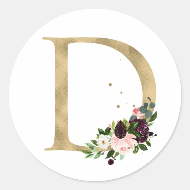 Sticker Rond Monogramme lettre dorée fleurs boho bordeaux Cla (Devant)
