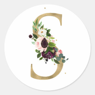 Sticker Rond Monogramme lettre dorée fleurs boho bordeaux Cla